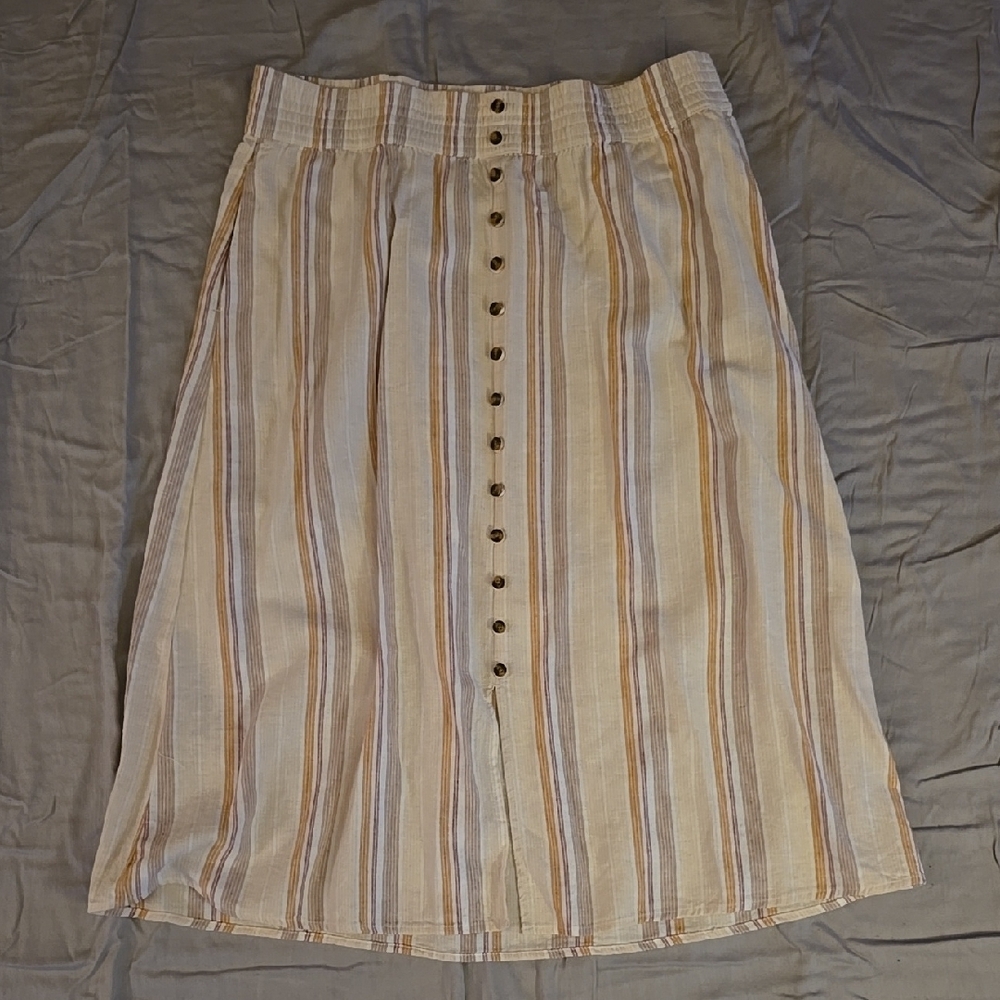 Sonoma Cream Tan Multi Striped Midi A-Line Skirt with Elastic Waist With Buttons